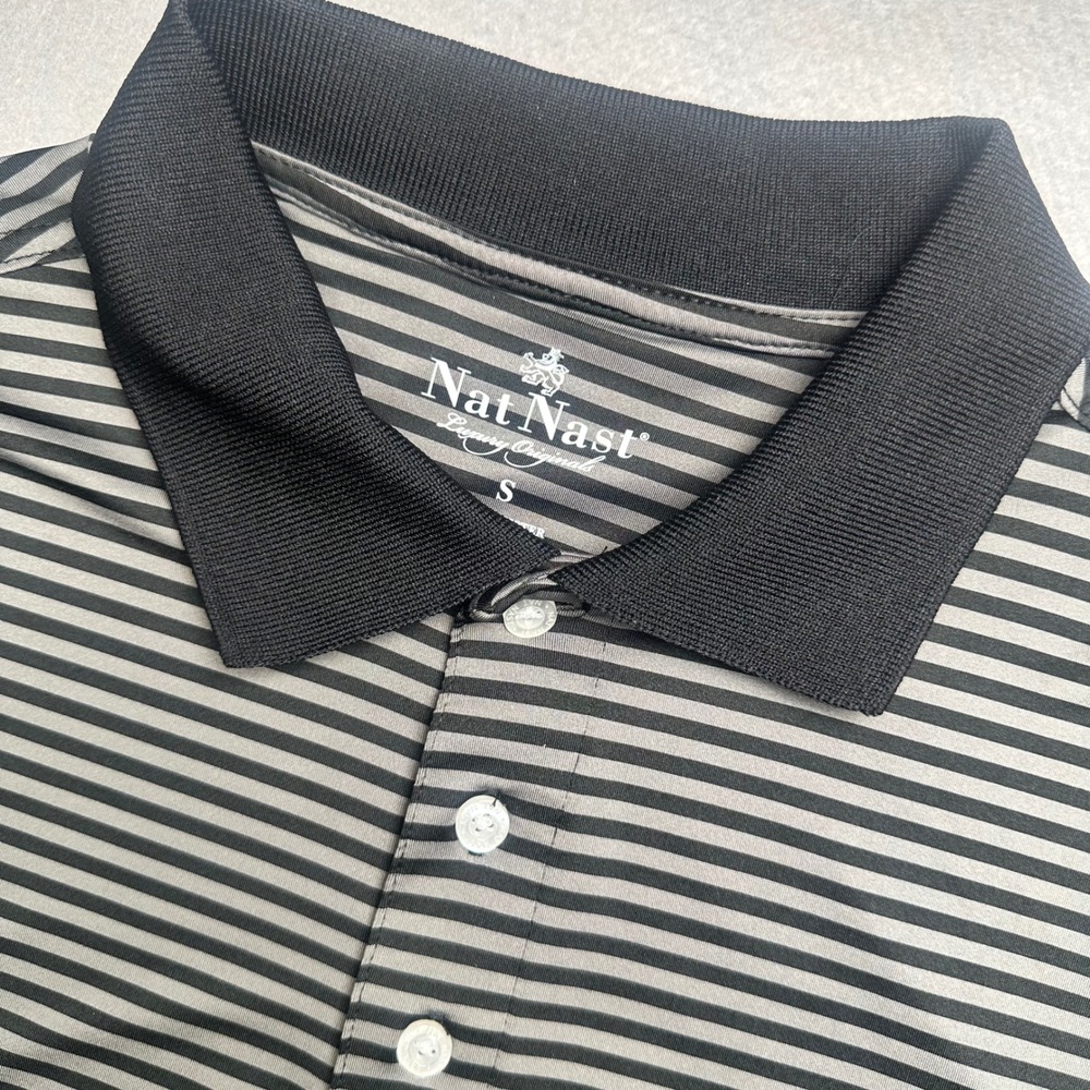 Nat Nast Polo Shirt Mens Small Grey Black Striped Luxury Originals Stretch